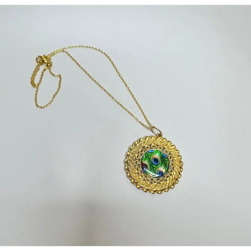 VNTG Gold Vermeil 925 Sterling Silver Peacock Feather Pendant Necklace Boho